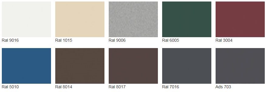 Белый. RAL 9016 Слоновая кость. RAL 1015 Серебристый металлик. RAL 9006 Зеленый мох. RAL 6005 Пурпурно-красный. RAL 3004 Синий. RAL 5010 Коричневый. RAL 8014 Шоколадный. RAL 8017 Серый антрацит. RAL 7016 Антрацит. ADS 703